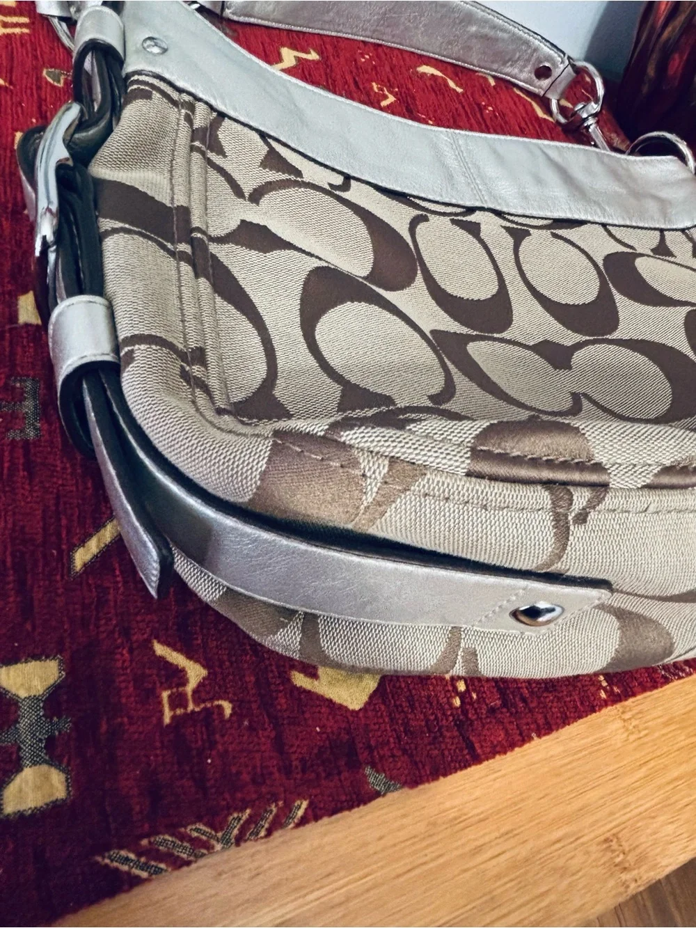 Coach Brown Signature Canvas Shoulder Bag with Silver Trim